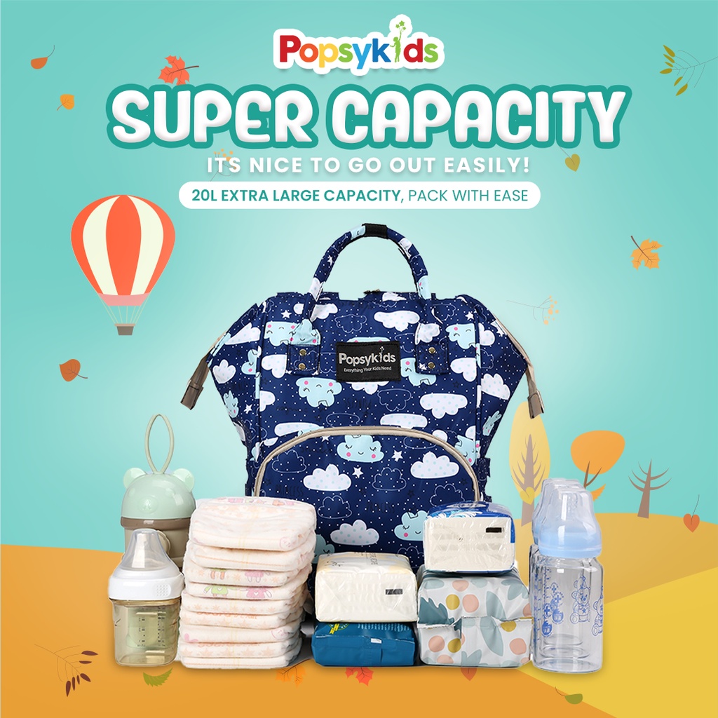 PopsyKids Multifunction Baby Diaper Bag - Tas Bayi Popok Multifungsi - Tas Perlengkapan Bayi Multifungsi