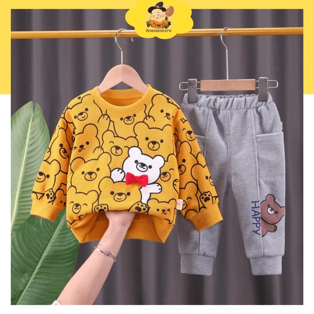 ANANAKSTORE- setelan anak laki laki motif HPBEAR GREY 0-5 Tahun baju baby impor premium anak lucu