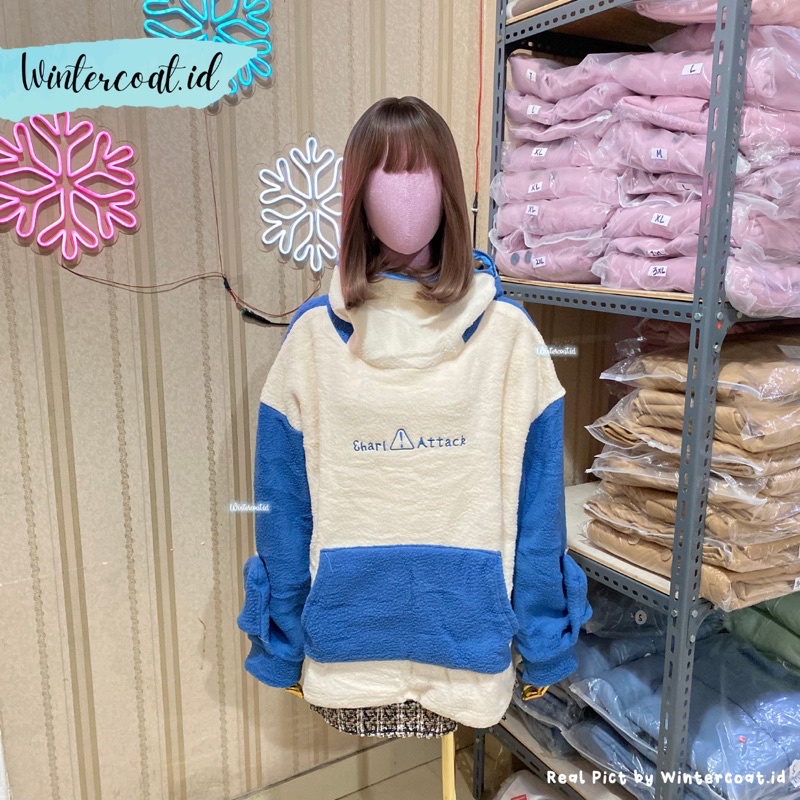 Sweater shark attack import hangat oversized jumbo big size cosplay kawaii lucu baju wanita cewek atasan ikan hiu