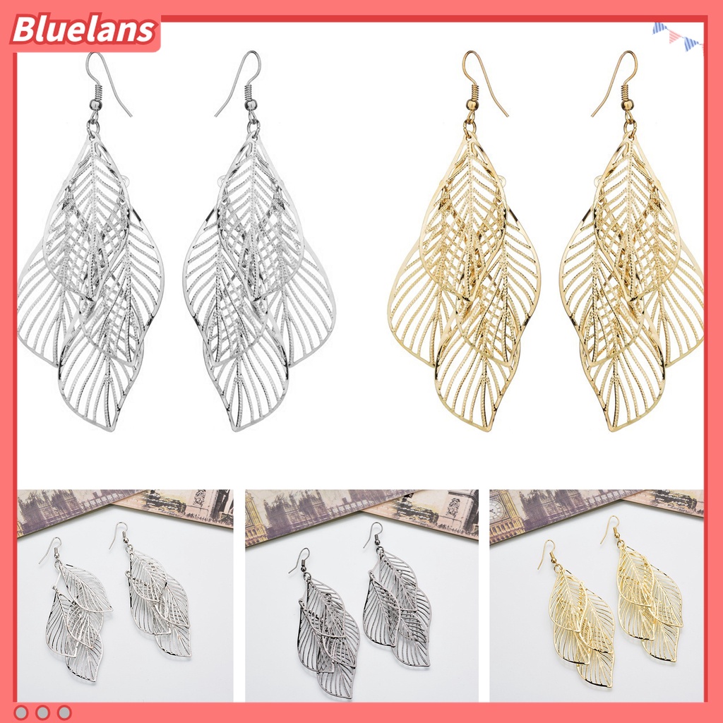 1 Pasang Anting Menjuntai Bentuk Daun Bahan Stainless Steel Untuk Wanita