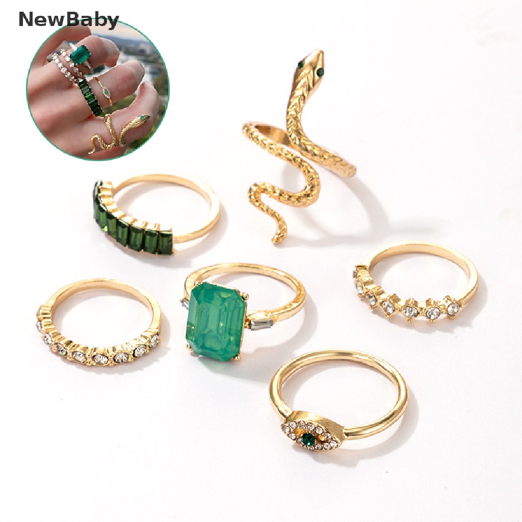 6pcs / set Cincin Desain Ular Hias Kristal Berlian Imitasi Warna Hijau Gaya Vintage Untuk Wanita