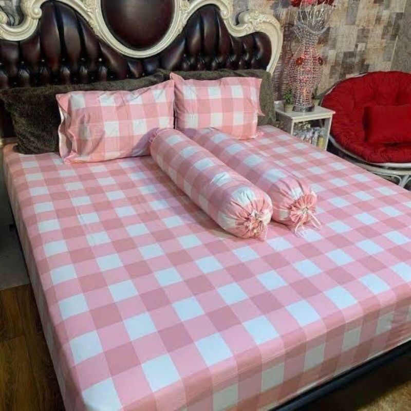 PROMO SPREI KOTAK-KOTAK EMILY WARNA PINK PUTIH / SPREI HOME MADE / SPREI TEMPAT TIDUR / SPREI BERKUA