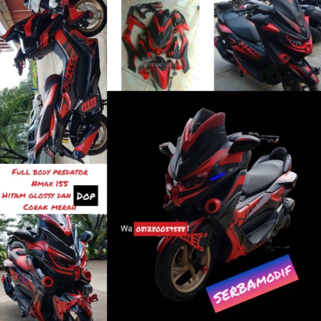 Fullset body predator nmax 155  hitam dop da glossy corak merah