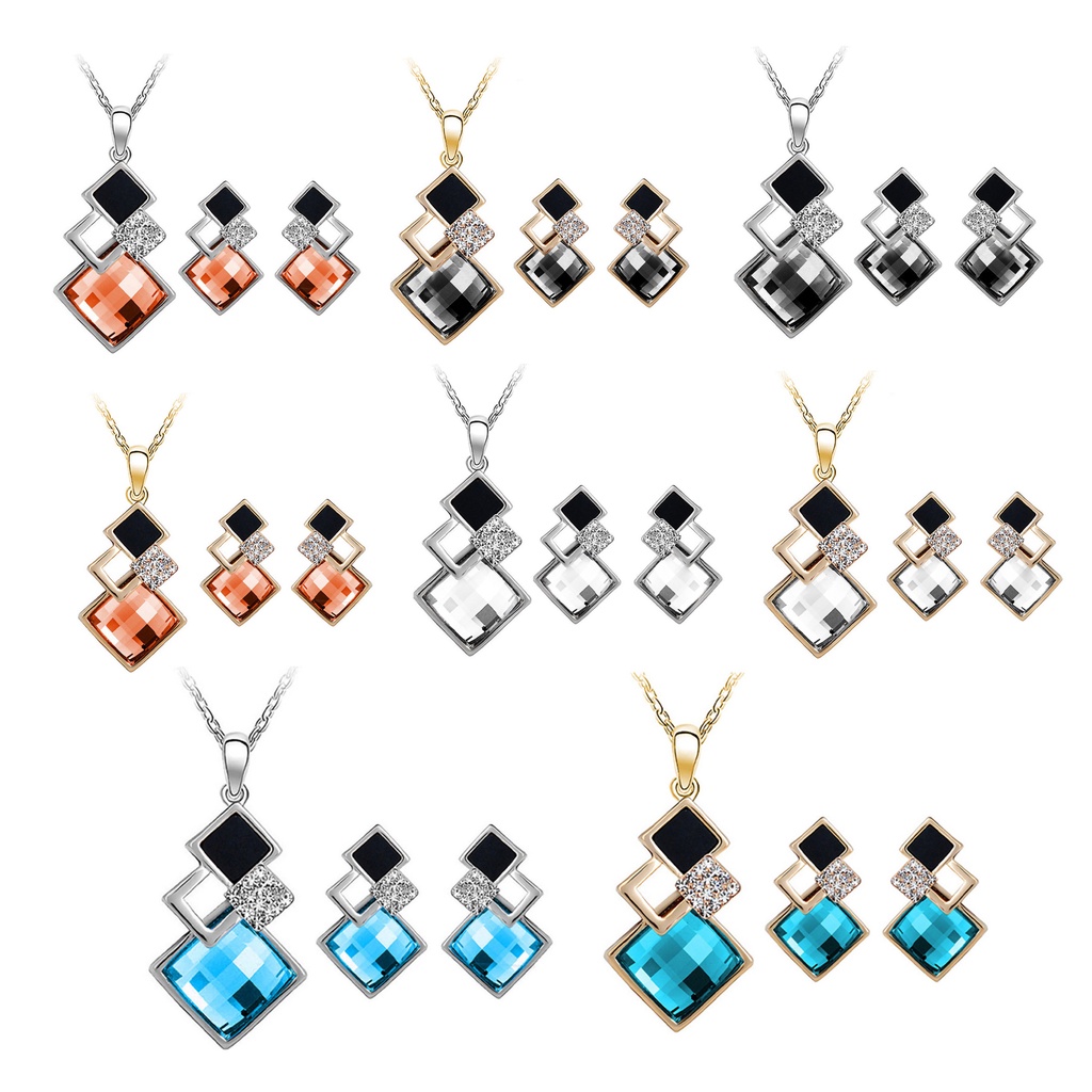 Hu Hu Hu Hu Hu Alat Bantu Pasang Kacamata♡ 2pcs / Set Anting Tusuk + Kalung Liontin Geometri Hias Kristal Imitasi Bahan Alloy Untuk Wanita