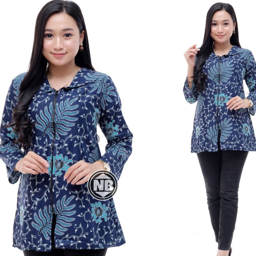 Atasan Batik Wanita Katun Dolbi Dobby Doby Tenun Sutra Tulis Halus Katun ATBM Baron ,Sarombit Atasan-ZIPER LURIK BIRU