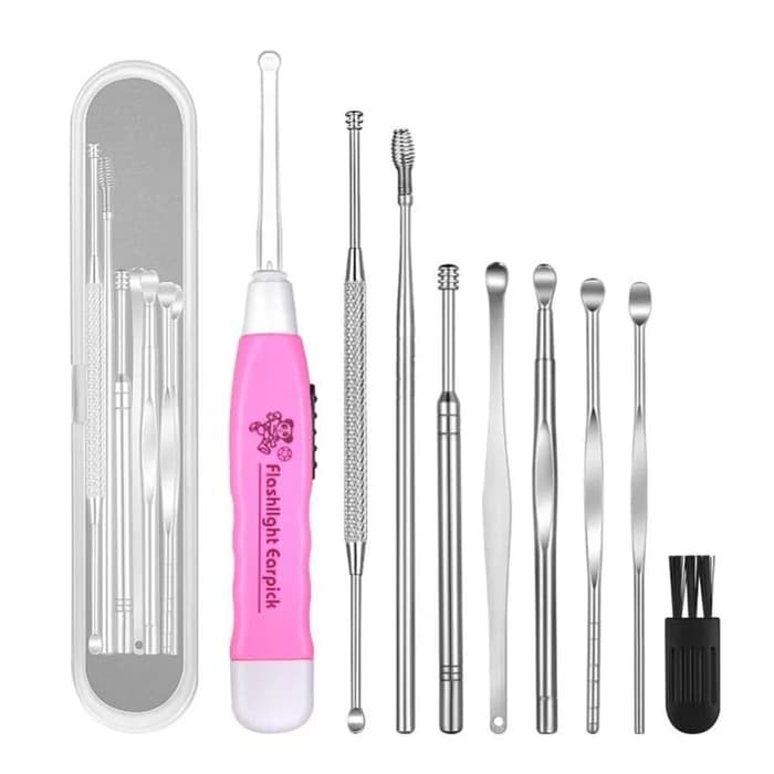 Korek Kuping Besi Stainless dengan Lampu Set Isi 9 Pcs