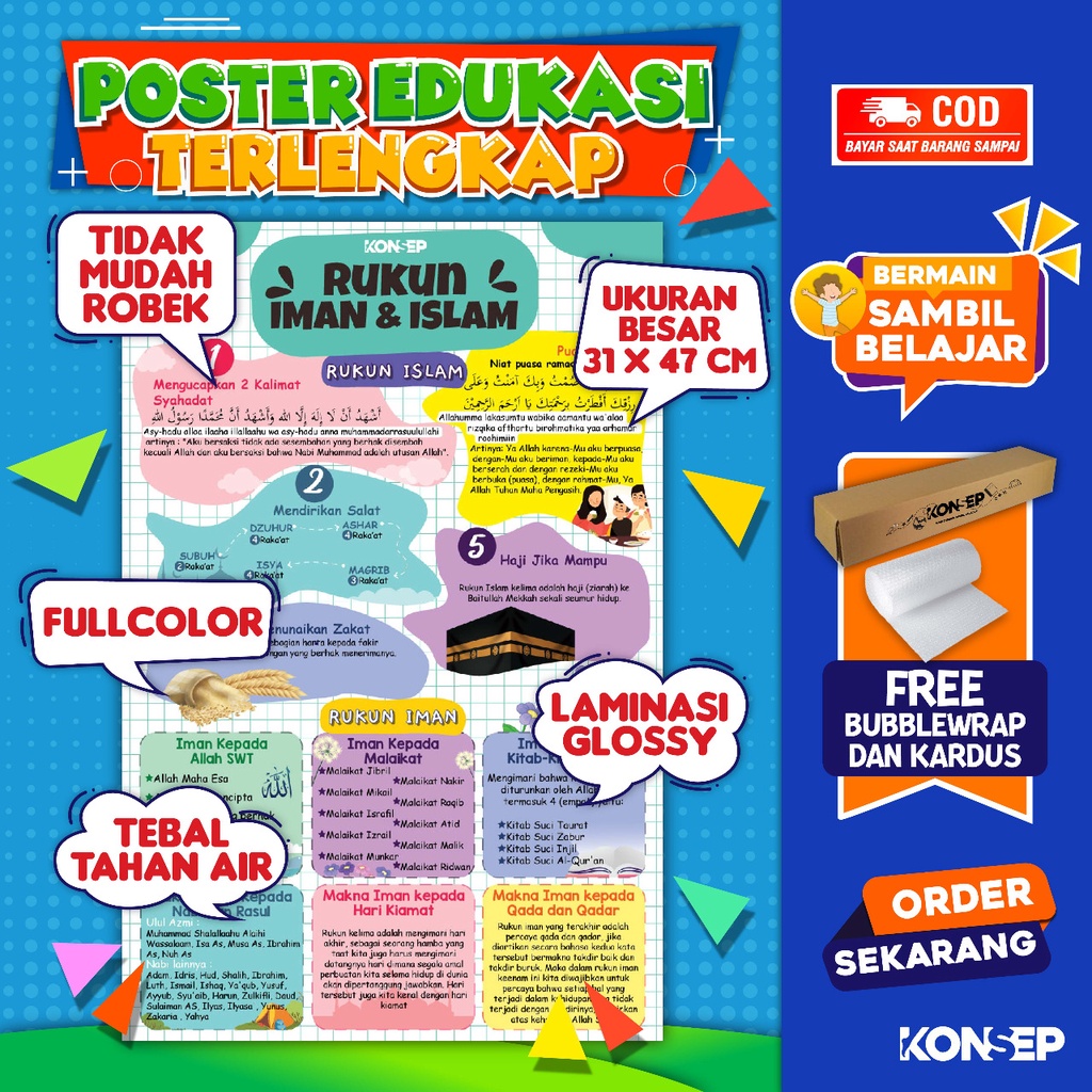 Konsep Poster Edukasi Pendidikan Anak Belajar Rukun Iman &amp; Islam Paud Balita TK Toodler SD Laminasi Glossy Tahan Air