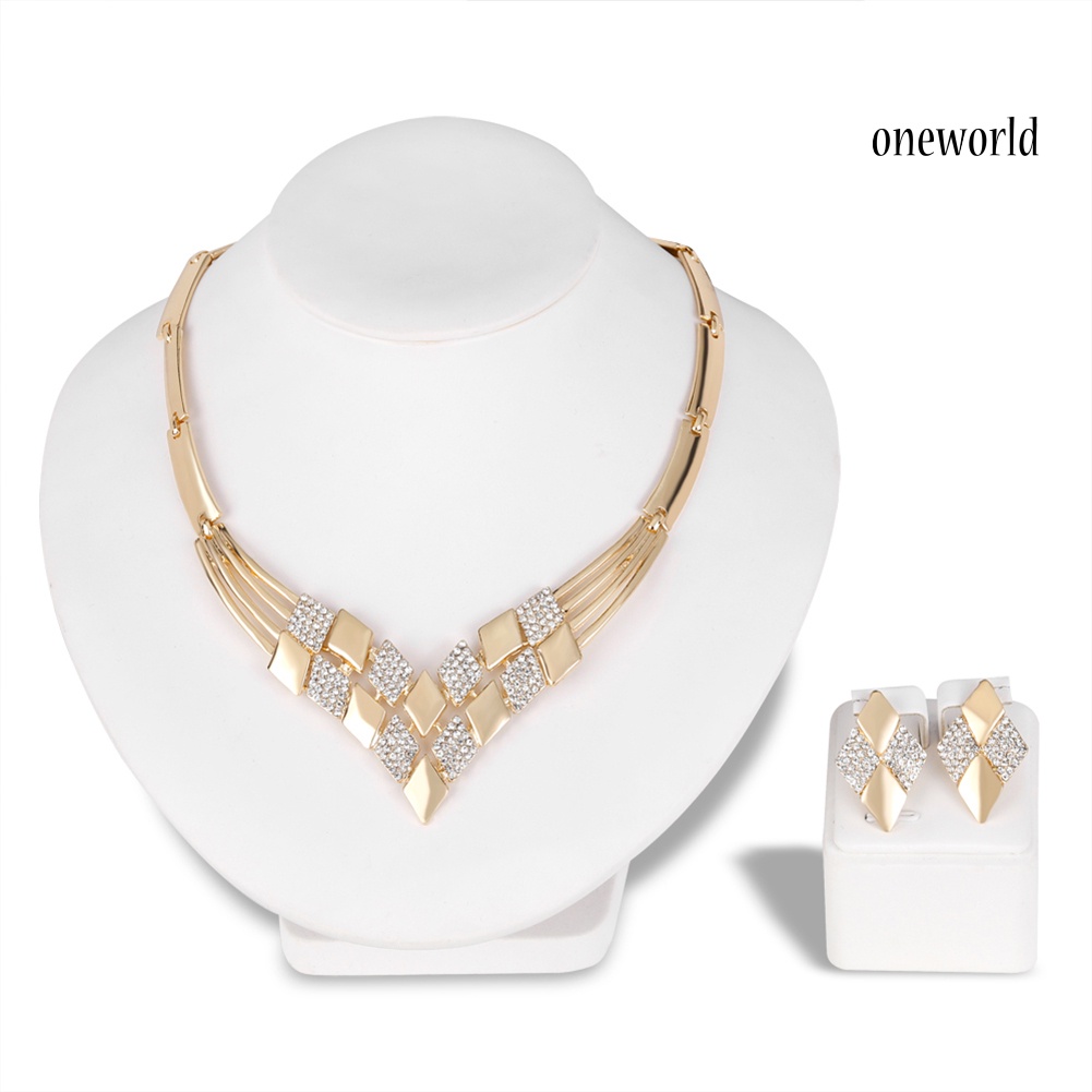 OW@ Women KC Gold Plated Rhombus Shape Necklace Earrings Rhinestones Jewelry Set