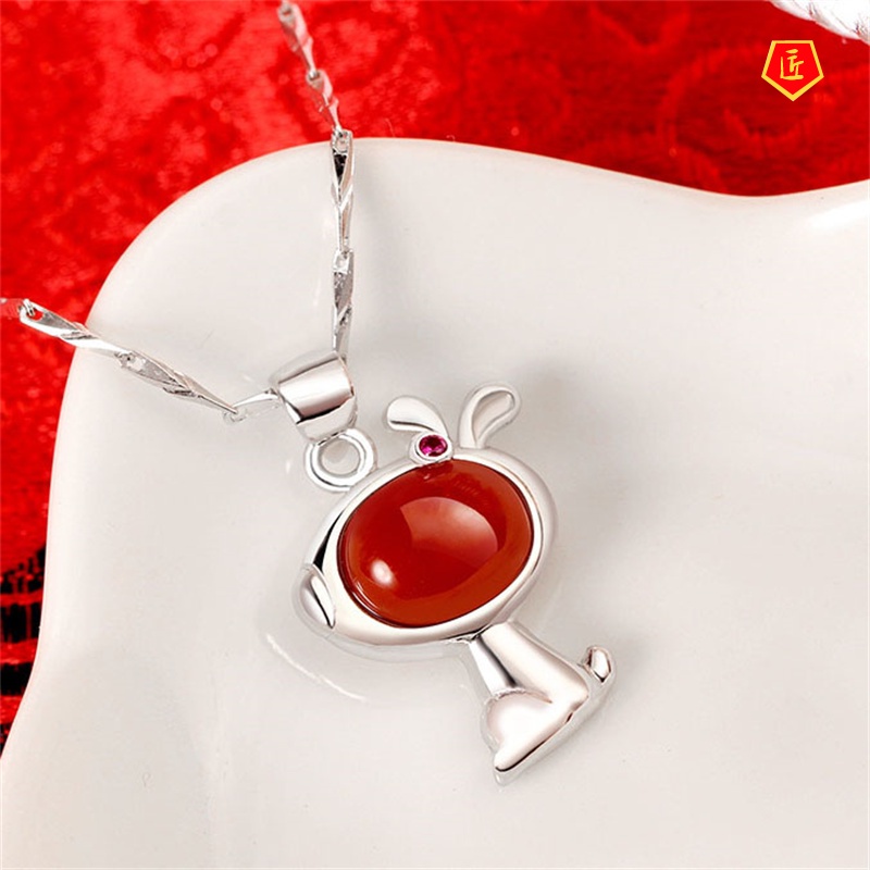 [Ready Stock]925 Silver Red Agate Necklace for Women Chinese Zodiac Dog Auspicious Cute