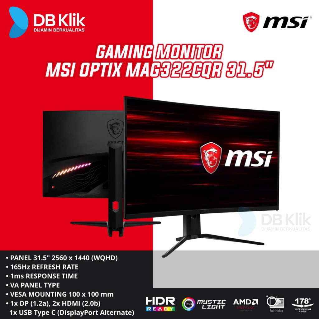 LED Monitor Gaming MSI Optix MAG322CQR 31.5 Inch 165Hz WQHD HDMI DP Type C