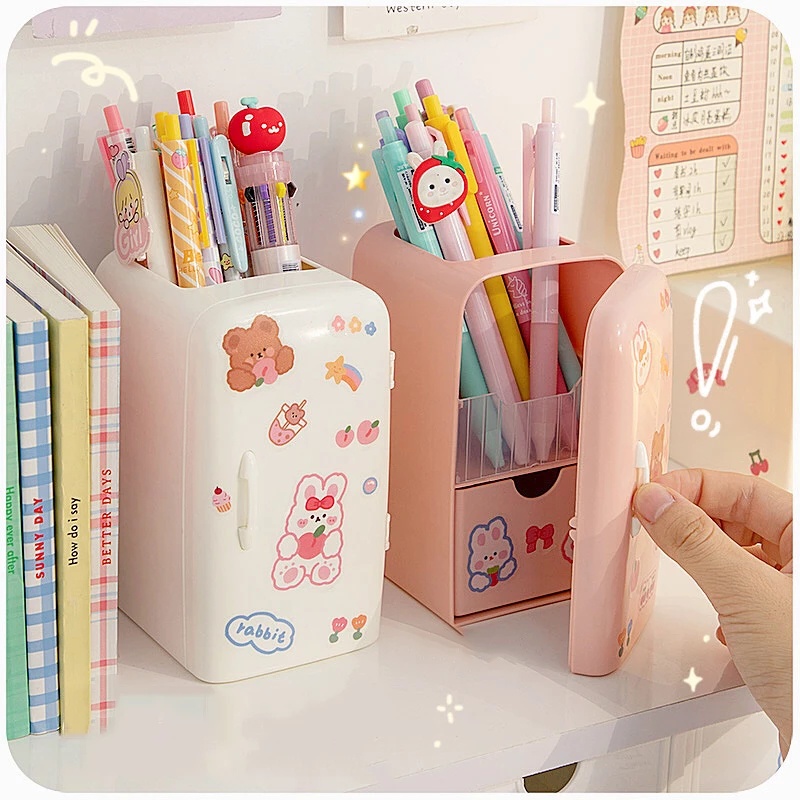 1Pc Creative Cartoon Multifunctional Assortment Mini Fridge Storage Box Pen Holder For Makeup Brush And Office School Stationery