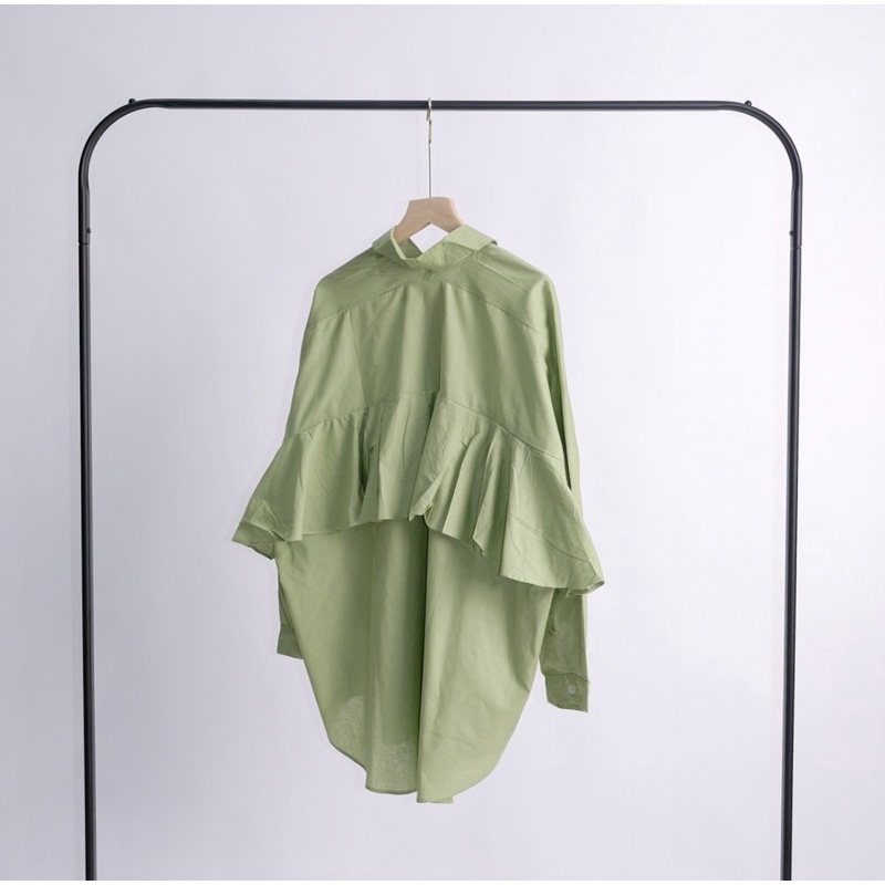 SEYHA - NINY KEMEJA REMPLE BLOUSE WANITA SHIRT PUTIH KEMEJA Lengan Panjang-Greentea