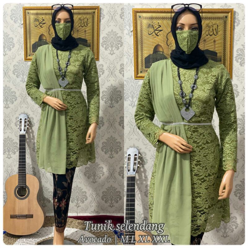 setelan tunik brukat selendang/tunik brukat/tunik terbaru/tunik selendang/tunik pesta/tunik modren