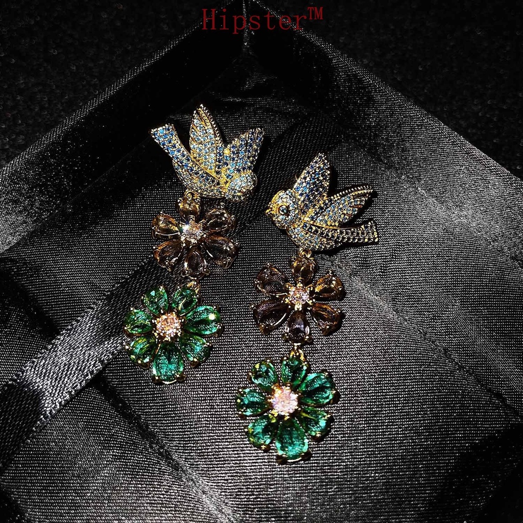 Luxury Vintage Flower Micro-Inlaid Full Diamond Bird Earrings