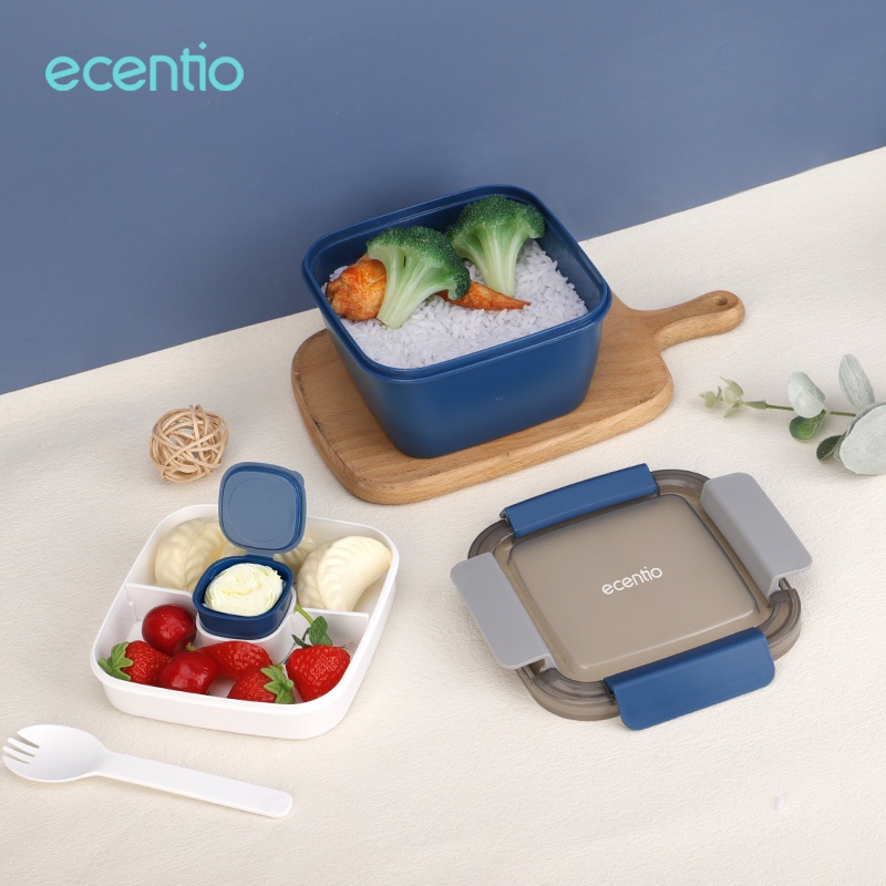 ecentio kotak makan set 1.1L tempat makan set free sendok wadah saus cangkir sup plastik anti tumpah dan tas bekal lunch bag