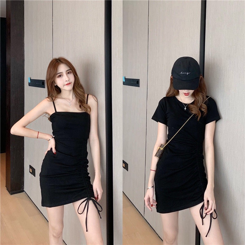 Dress Bodycon Sexy Model Slim Lengan Pendek Warna Polos Dengan Tali Serut Untuk Wanita