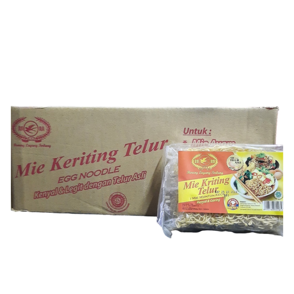 

MIE KRITING TELUR MIE WONTON KECIL CAP BURUNG LAYANG TERBANG 130gr*20 BUNGKUS