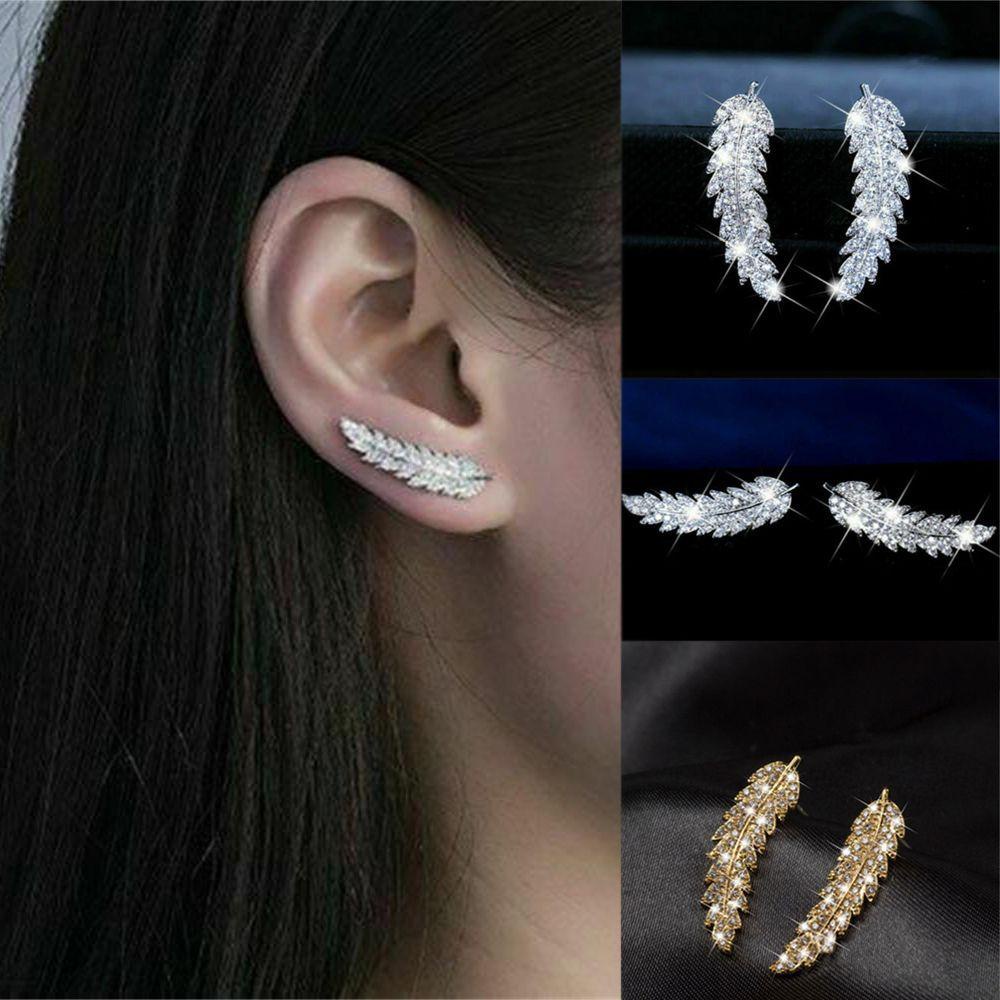 R-flower Leaf Earrings Hadiah Hari Valentine Perak Emas Rose Gold Berlian Imitasi Kristal Anting