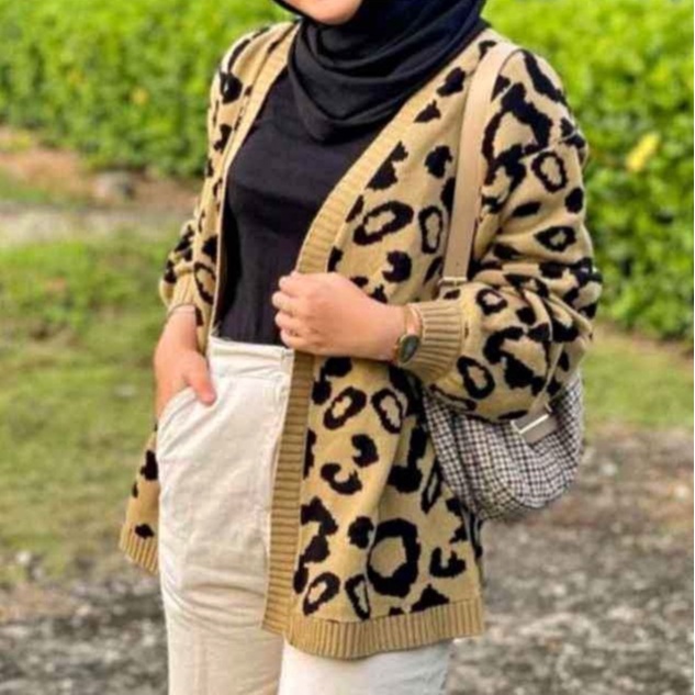 Cardigan Rajut Korea Vintage Leopard