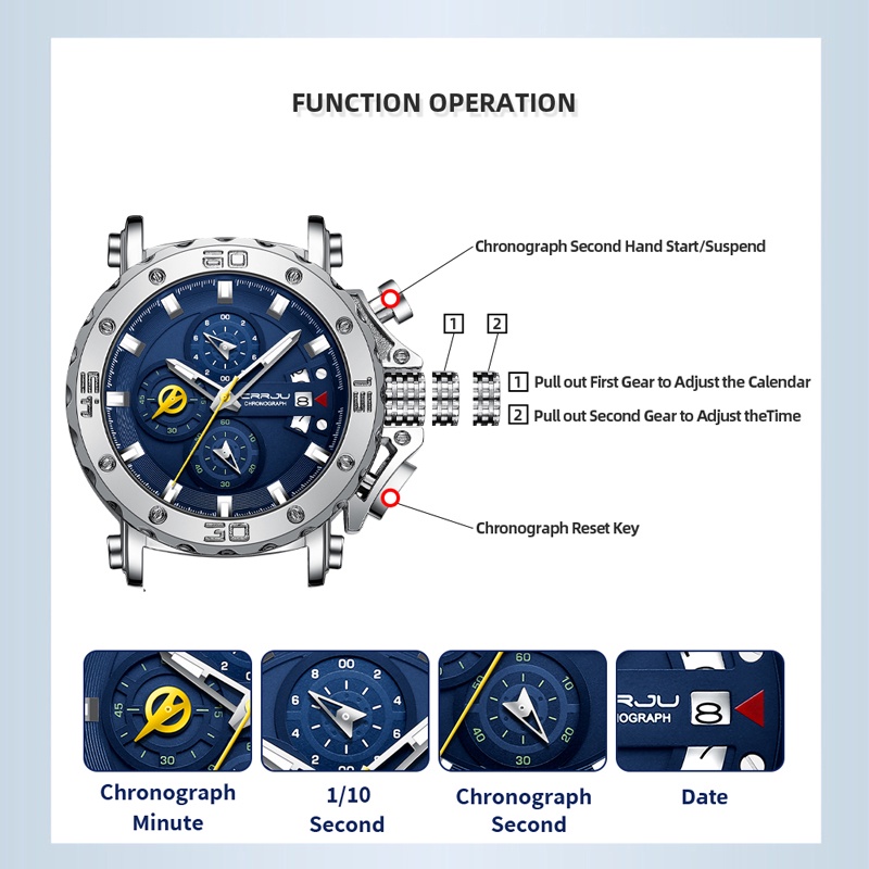 Jam Tangan Pria Bisnis CRRJU Merek Mewah Jam Tangan Stainless Steel Biru Chronograph Army Military Quartz Watches