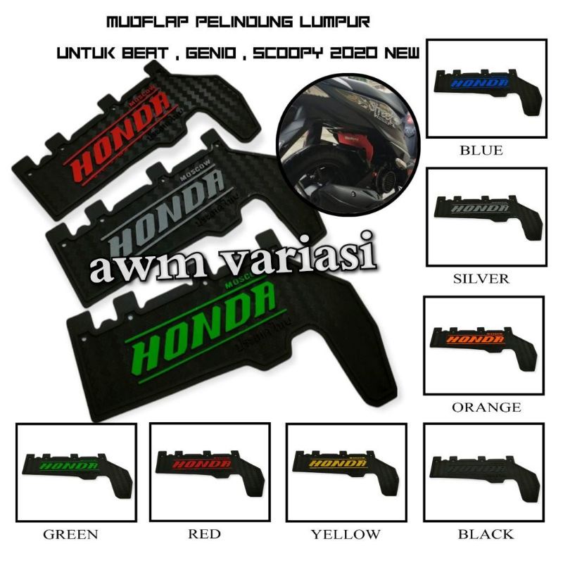 MUDFLAP PENAHAN LUMPUR BEAT NEW DELUXE 2020 ALL NEW SCOOPY 2021 HONDA GENIO MUDFLAP KARBON TULISAN THAILAND MERAH KUNING HIJAU BIRU ORANGE HITAM SILVER KARET PENAHAN CIPRAT ALAS PELINDUNG MESIN DINAMO KOLONG SPAKBOR HONDA MATIC NEW GENIO BEAT NEW SCOOPY