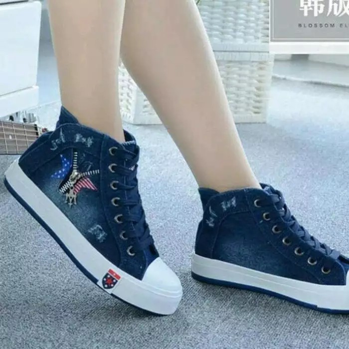 JF07-Sepatu Kets Denim Sepatu Sneaker Wanita Warna Biru