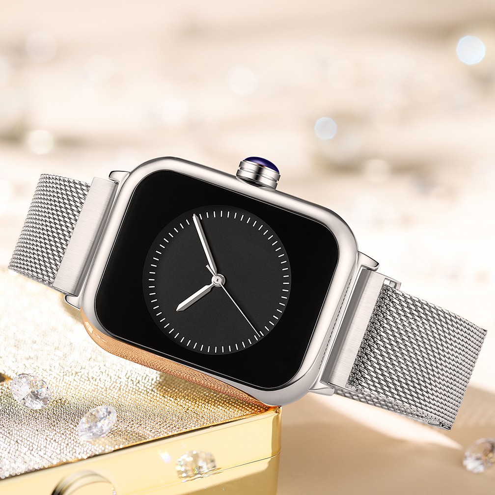 REBIRTH Jam Tangan Wanita Mode Square Dial Santai Display Kuarsa Tali Jala Tahan Air Jam Tangan Cewek-6