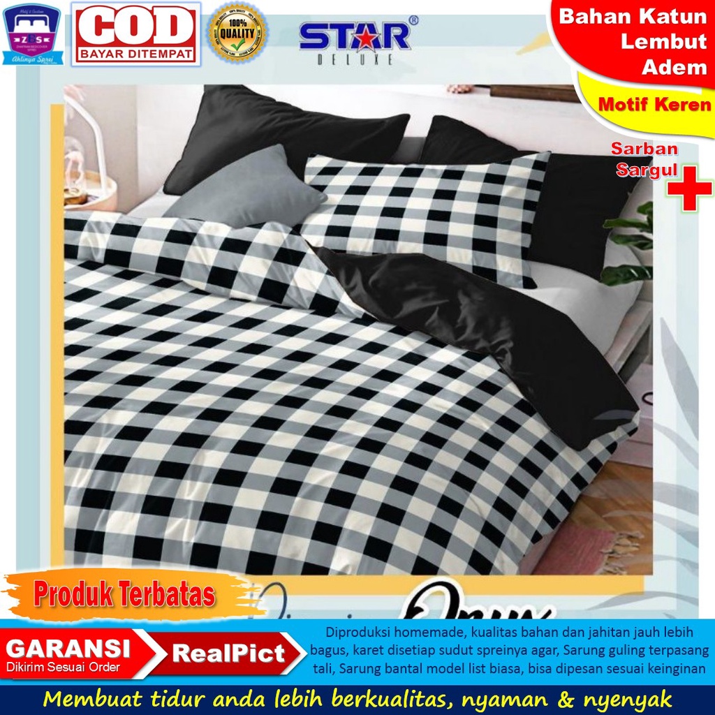 Sprei Motif STAR PICNIC ONYX HITAM PUTIH CATUR Seprai Murah Katun COD