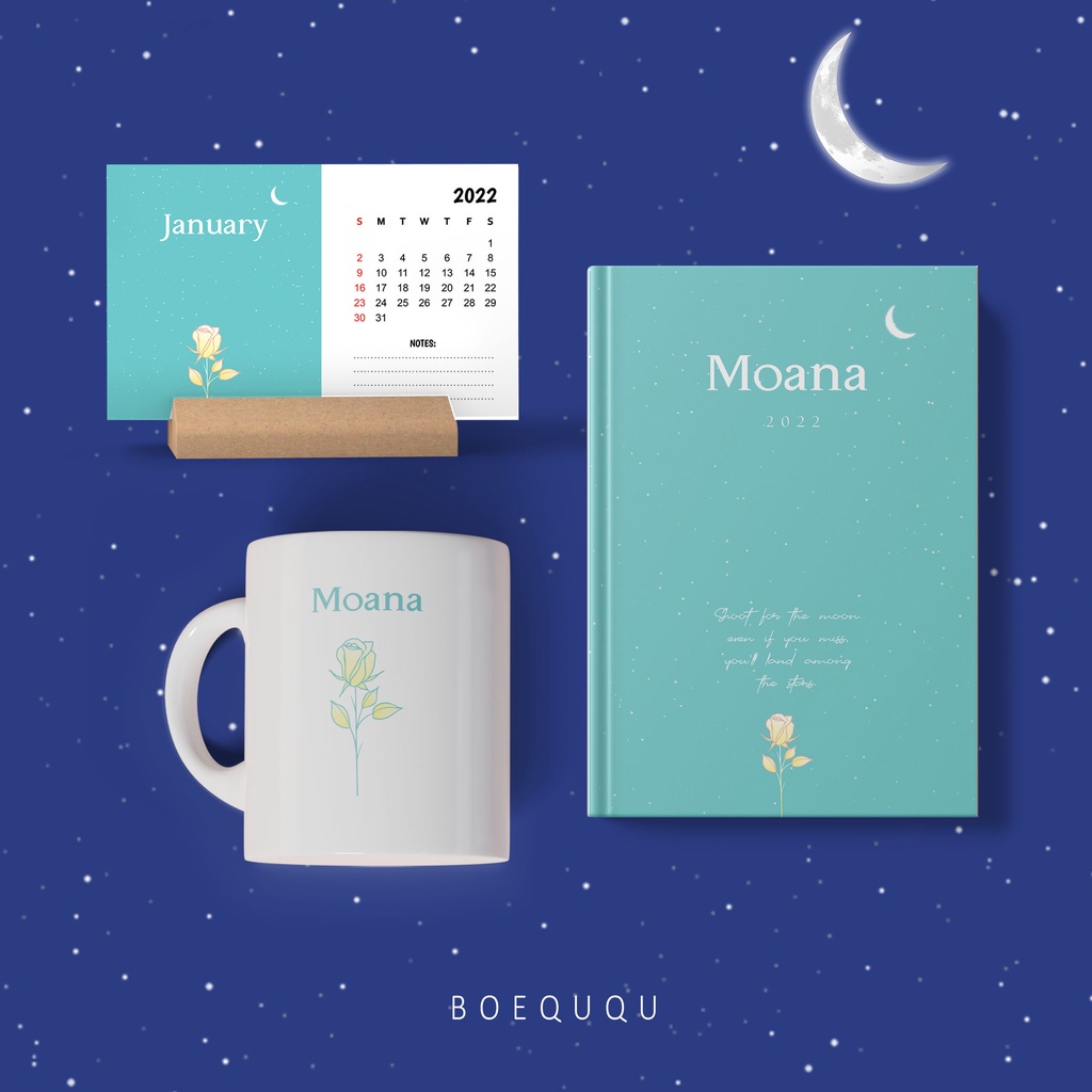 

BOEQUQU - WFH SET The Moon 3 in 1 Notebook A5 Mug & Calender Custom Nama Foto/ Set Kado Hampers Unik