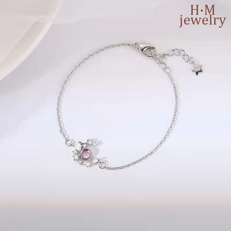 Gelang Tangan Rantai Sterling Silver 925 Aksen Kupu-Kupu + Bulan Sabit + Kristal Untuk Wanita