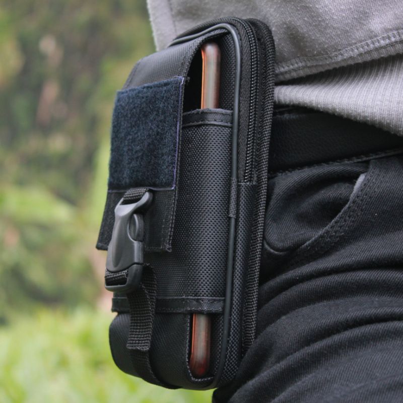 Sarung Tempat Hp Pinggang Tas Dompet Handpone Pinggang Doble Slot Pouch hp Pria Hitam Kanvas