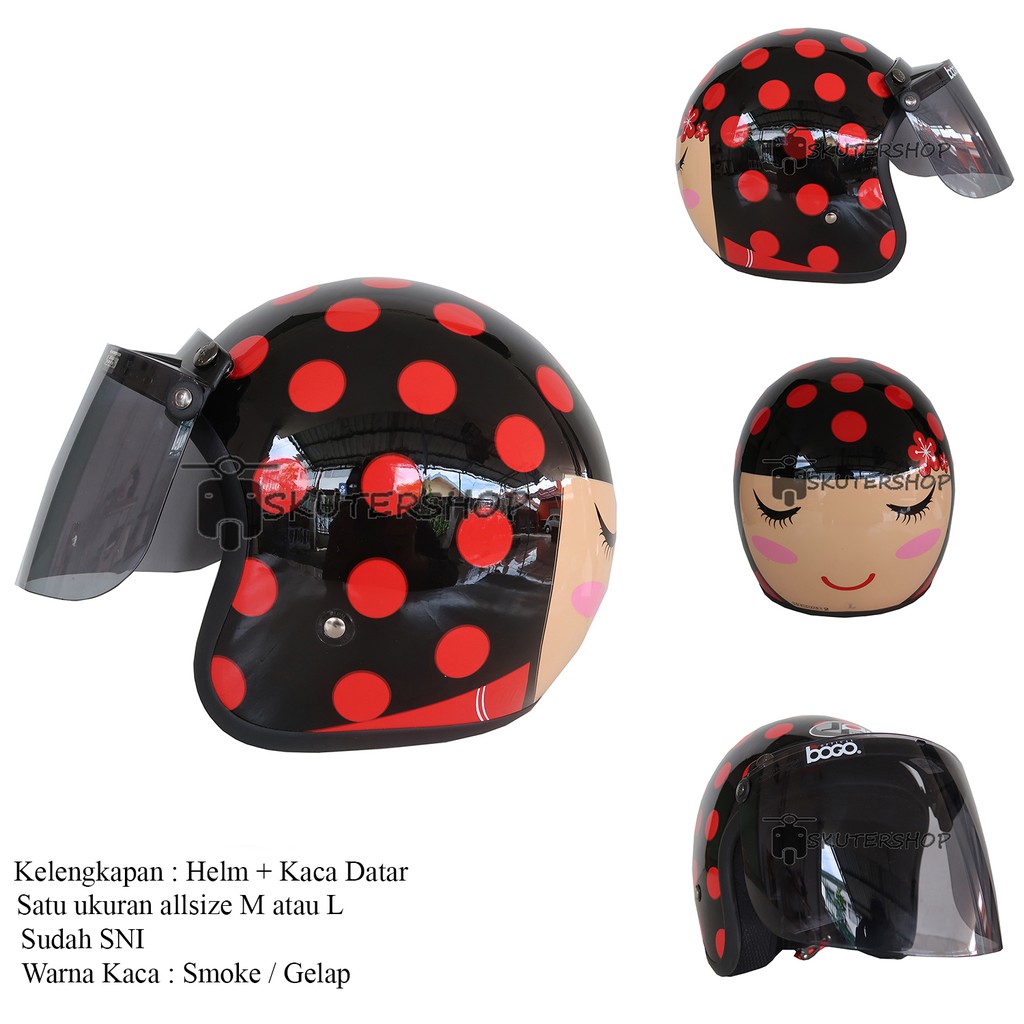 Andriawanhs Helm JPN Bogo Retro Klasik Motif Kimoni Hitam Glossy Dot Merah + Kaca Datar Original