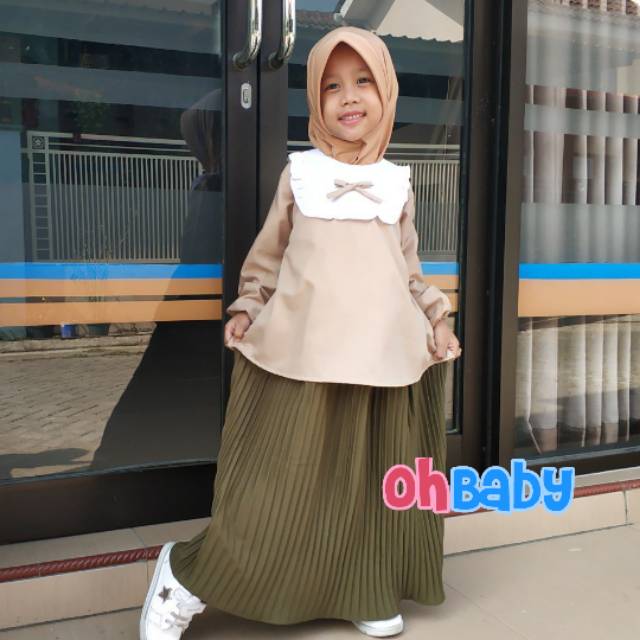 [Ankho_Shop] YE 1 Setelan Tunik Rok Plisket Ohbaby Army Coklat