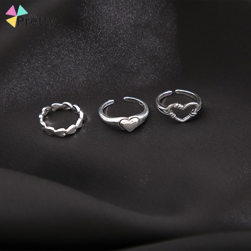 3pcs Cincin set korea Model Terbuka Desain Gelombang Hati Warna Silver Gaya Vintage Untuk Wanita - PD