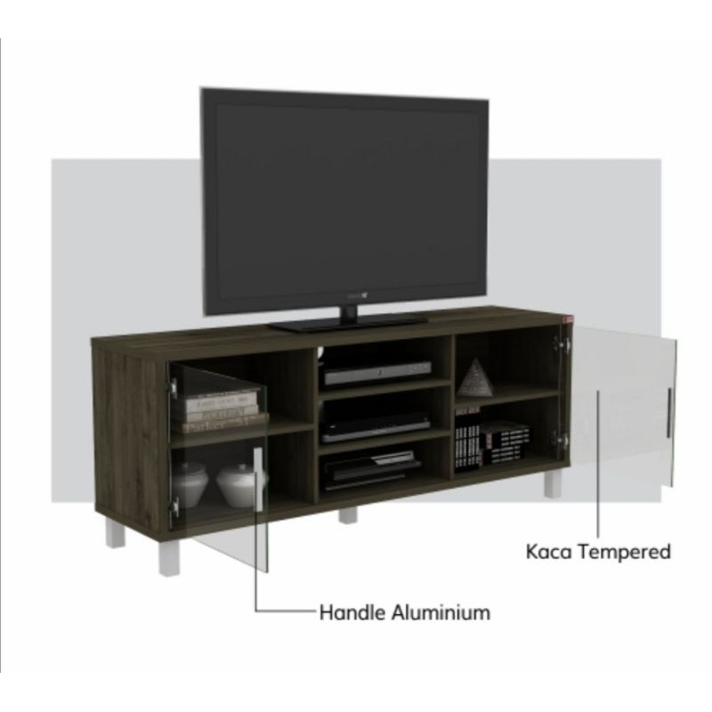 rak tv minimalis kaca pegangan aluminium