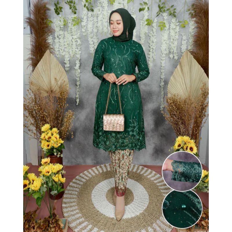 SAE - KEBAYA MODERN - KEBAYA WISUDA - KEBAYA TUNIK - KEBAYA KONDANGAN - KEBAYA TULLE - KEBAYA BRUKAT - KEBAYA PESTA - ATASAN KEBAYA SETELAN KEBAYA MODERN-HIJAU BOTOL