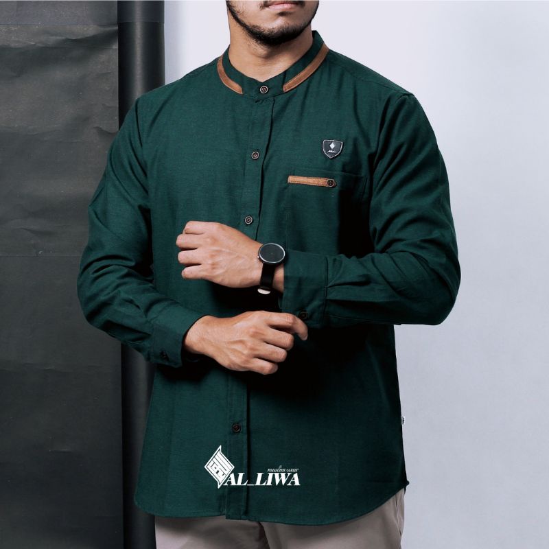 KEMEJA KOKO KURTA PRIA BERKUALITAS LENGAN PANJANG WARNA HIJAU EMERALD UKURAN M L XL