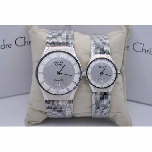 Jam Tangan Couple Alexandre Christie AC 8331 Tali Pasir Silver Pria & Wanita Original