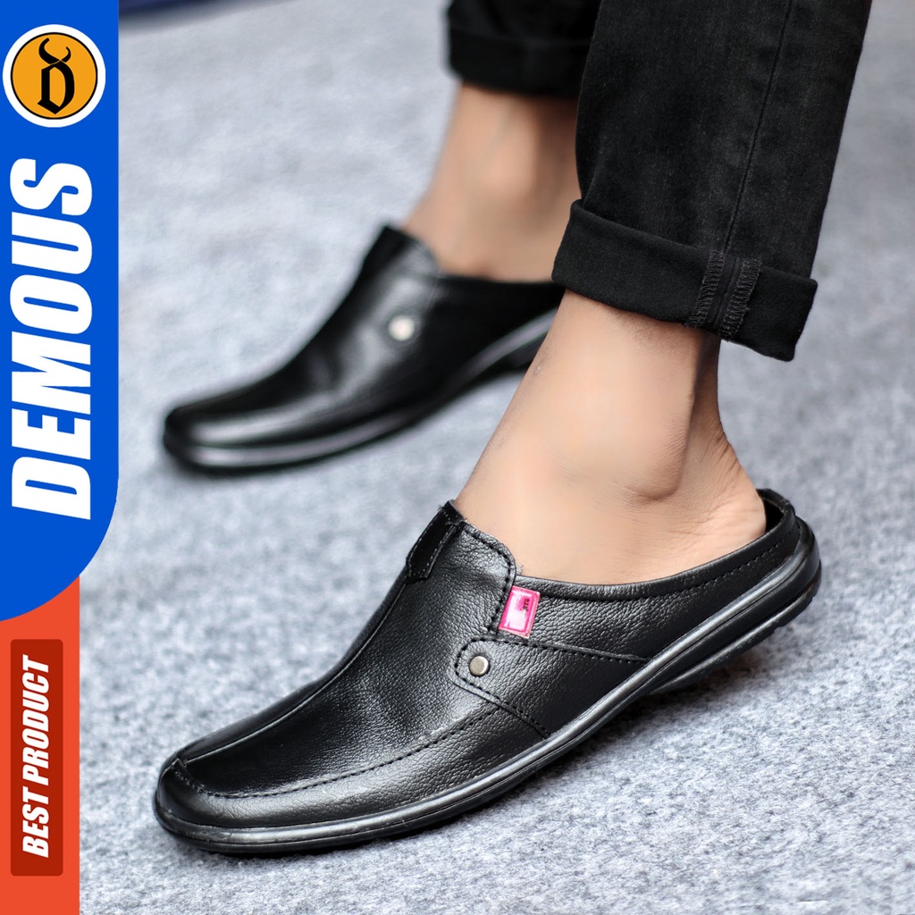 Sepatu Sandal Pria Kulit Asli Sendal Bustong Slop Hitam DEMOUS TYKO