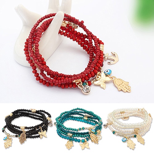 Hu Hu Hu Hu Hu Alat Bantu Pasang Kacamata♡ Gelang Tangan Manik-Manik Multi Layer Wanita Desain Hamsa Fatima Hand Butterfly Jangkar Mata