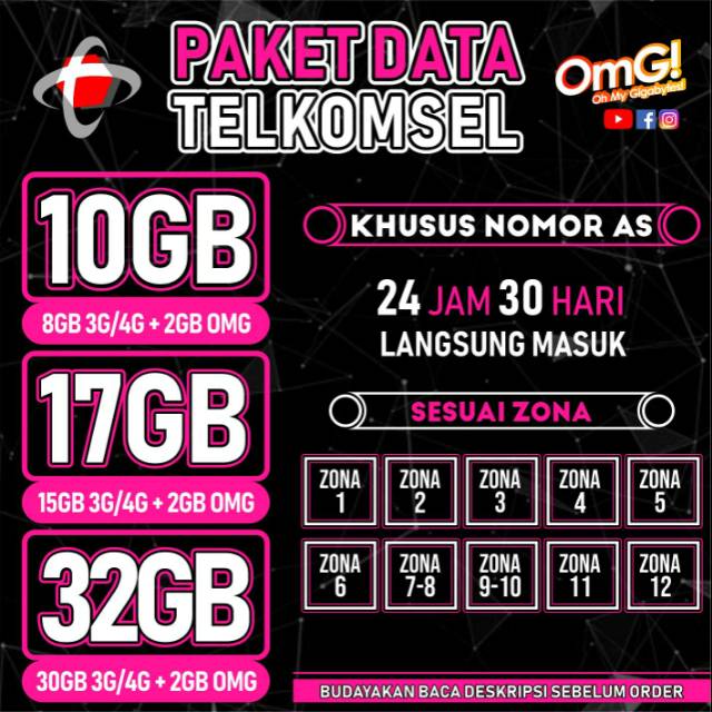 PAKET DATA TELKOMSEL AS + OMG 10GB/17GB/32GB - 24 JAM 30 HARI