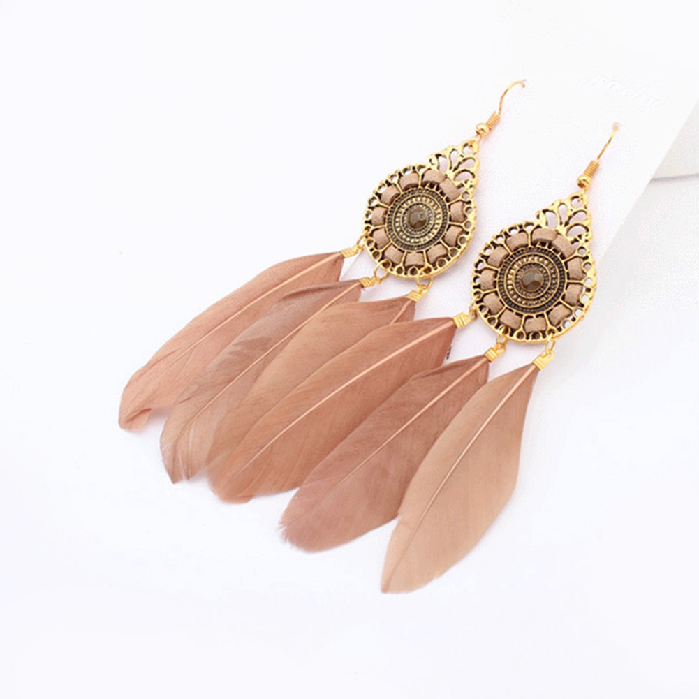 [Bayar Di Tempat]fashionBohemia Panjang Feather ed Round Hook Earrings Menjuntai Charm