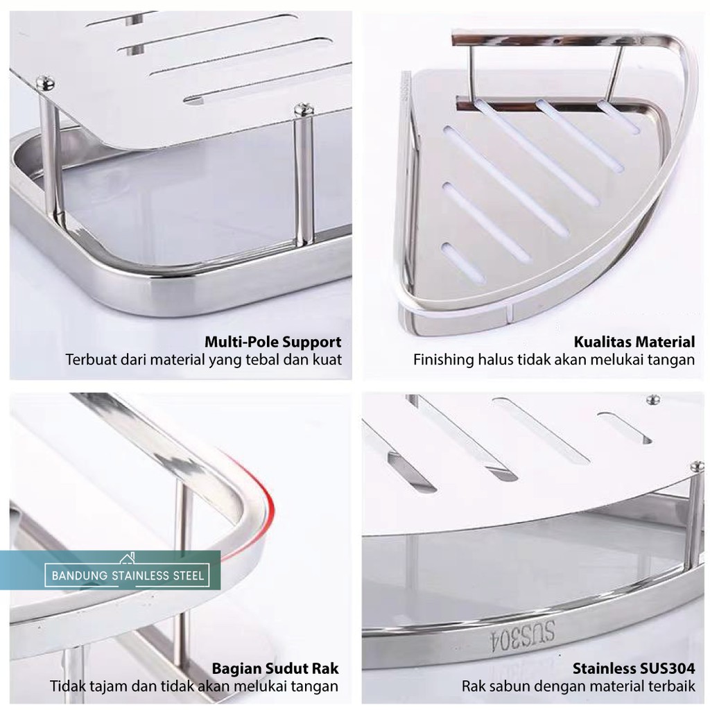 sus 304 rak sabun 2 susun sudut kamar mandi tempat shampo serbaguna stainless steel dinding