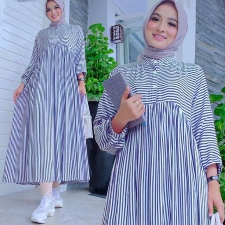 DRESS MIDI MOTIF DRESS POLOS KATUN BAJU GANTUNG SEMI DRESS GARIS-GARIS OUTFIT STRIP WANITA DRES KEKI