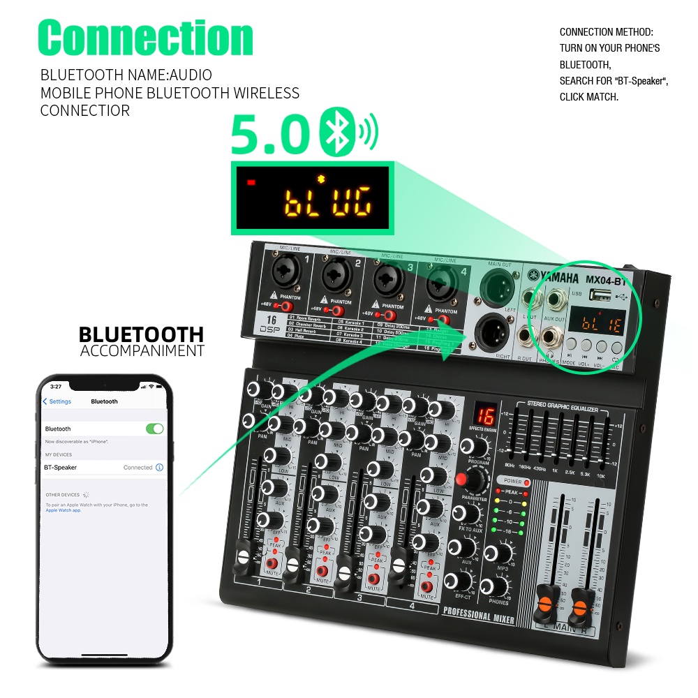 Konsol pencampuran profesional  MX04BT 4 saluran built-in EQ 16DSP Mode pemutaran Bluetooth/USB/PC/MP3 EQ/instrumen perekaman built-in, peralatan mixing, tur peralatan DJ langsung