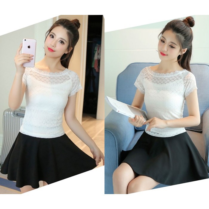 [baju wanita korea] Baju Atasan Brukat Brokat Lace Hitam Putih Blouse Korea Import Black White