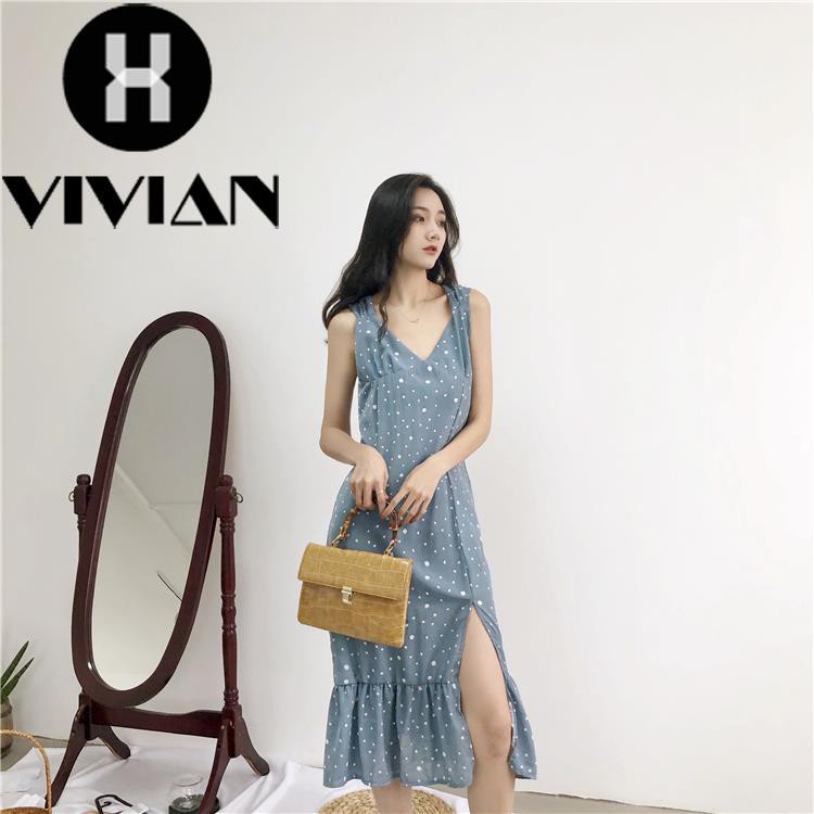 ?VIVIAN? Dress Midi Retro V-Neck Wanita Gaya Korea Motif Polkadot Hitam Belah Tengah+Pita Belakang