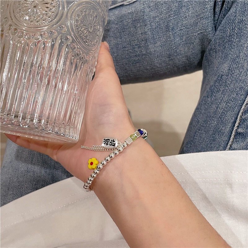 Gelang Tangan Alloy Aksen Manik-Manik Bunga Warna-Warni Untuk Wanita