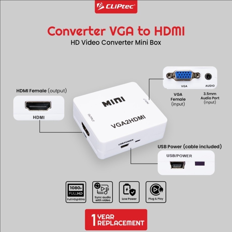 Converter CLIPtec Mini Box CL-CV VH VGA TO HDMI FHD 1080P