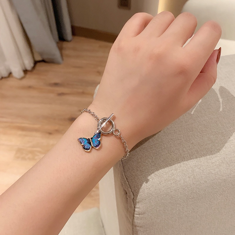 Gelang Tangan Rantai Aksen Kupu-Kupu Biru Simple Ala Harajuku / Retro Untuk Wanita